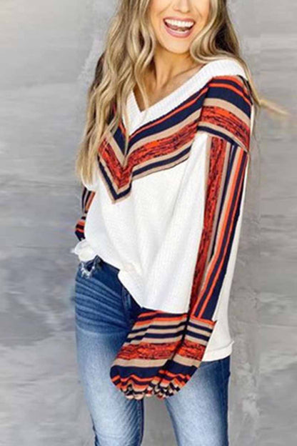 Hoombox  Loose V-neck Contrast Striped Top