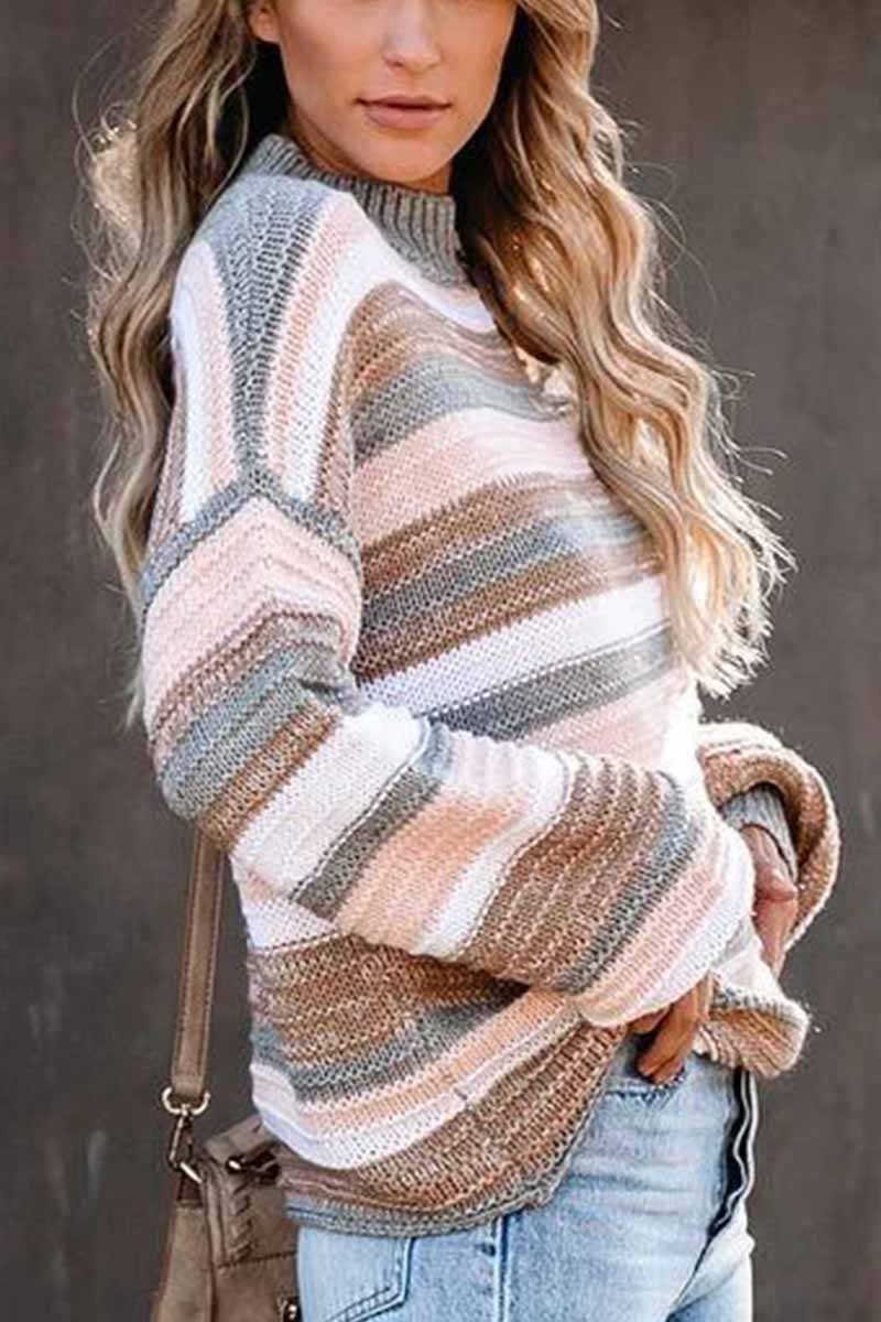Hoombox  O-neck Stitching Striped Long-Sleeved sweater