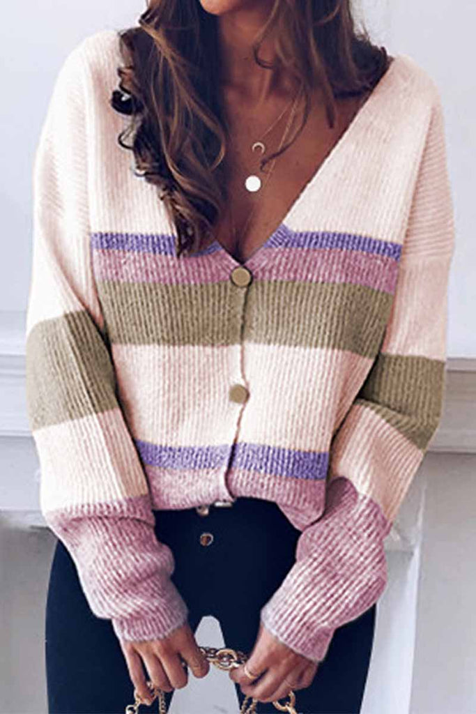 Hoombox  Long Sleeve V Neck Color-Block Sweater