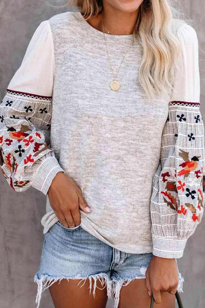 Hoombox  Round Neck And Long Sleeves Embroidery Contrast Color Tops