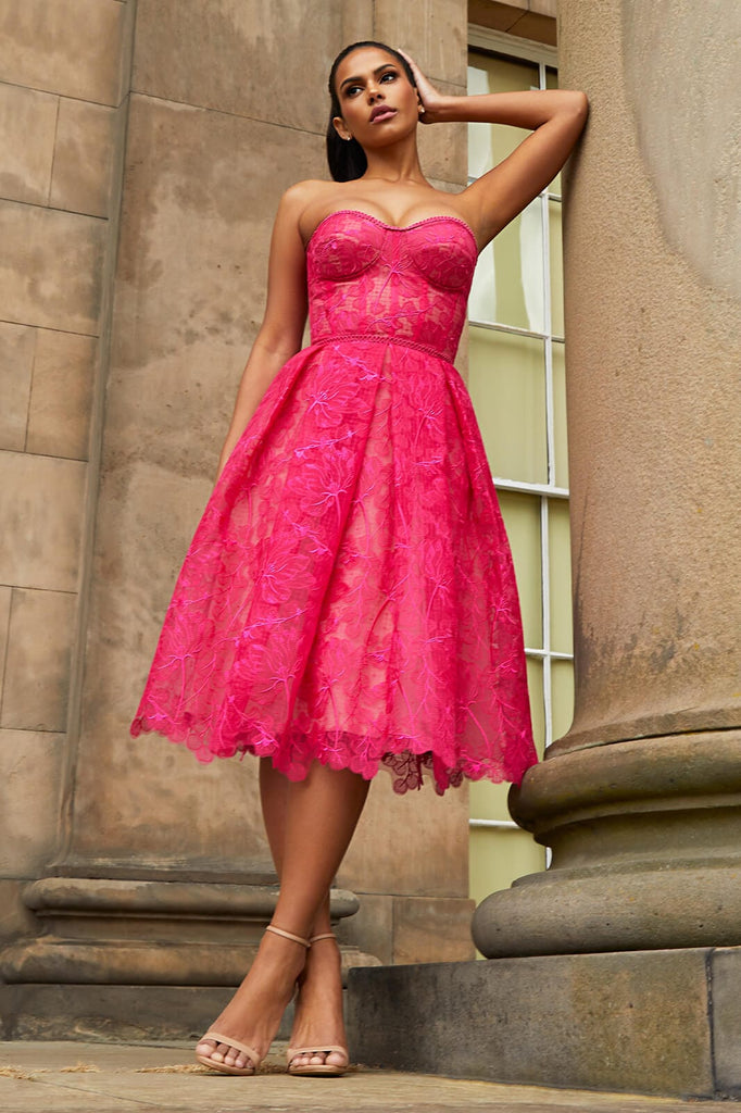hoombox Hot Pink Embroidered Lace Dress