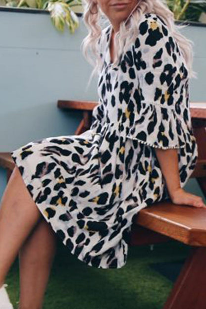 Hoombox Hoombox V Neck Leopard Printed Knee Length A Line Dress