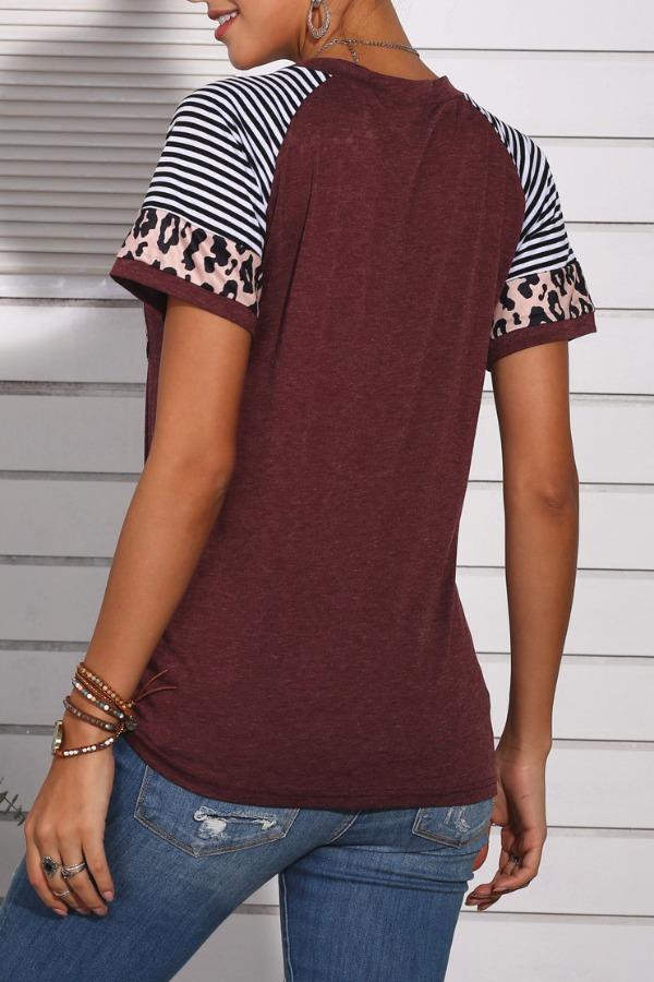 Hoombox Hoombox Patchwork Leopard Striped Wine Red T-shirt