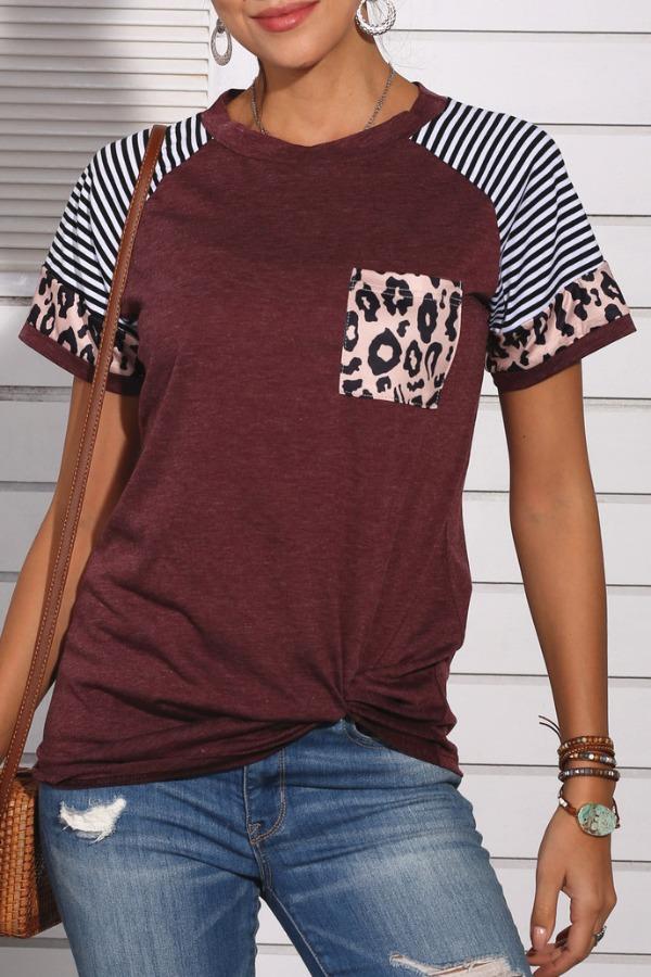 Hoombox Hoombox Patchwork Leopard Striped Wine Red T-shirt