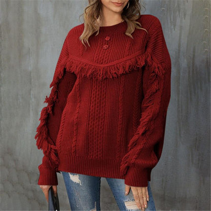 Hoombox  Round Neck Loose Tassel Twist Solid Color Sweater