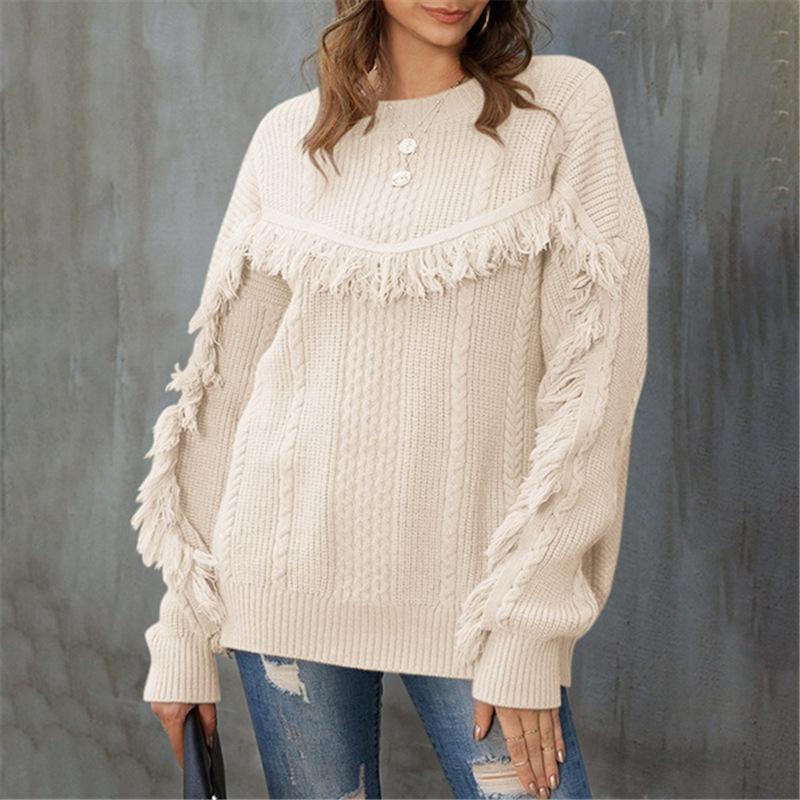 Hoombox  Round Neck Loose Tassel Twist Solid Color Sweater