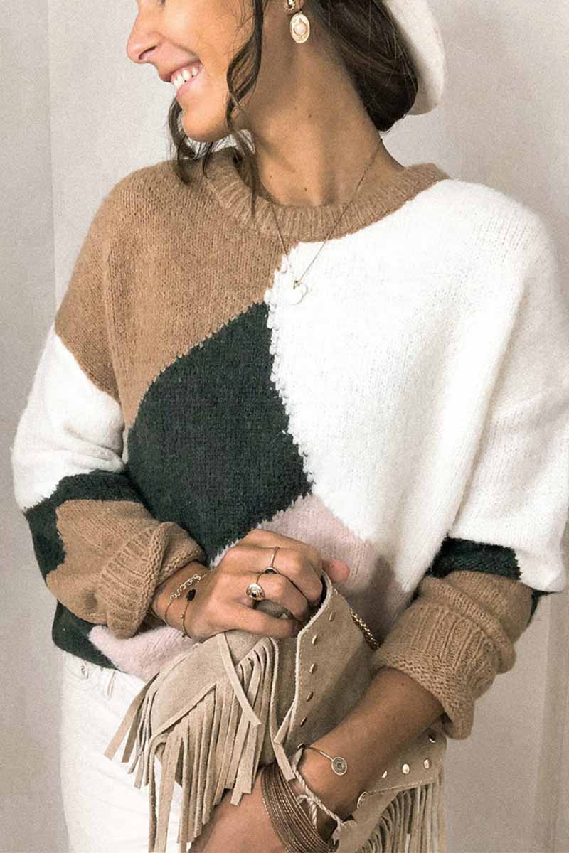 Hoombox  Round Neck Loose Contrast Stitching Knitted Sweater