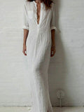 hoombox Bohemian Deep V Collar Plain Long-Sleeved Dress
