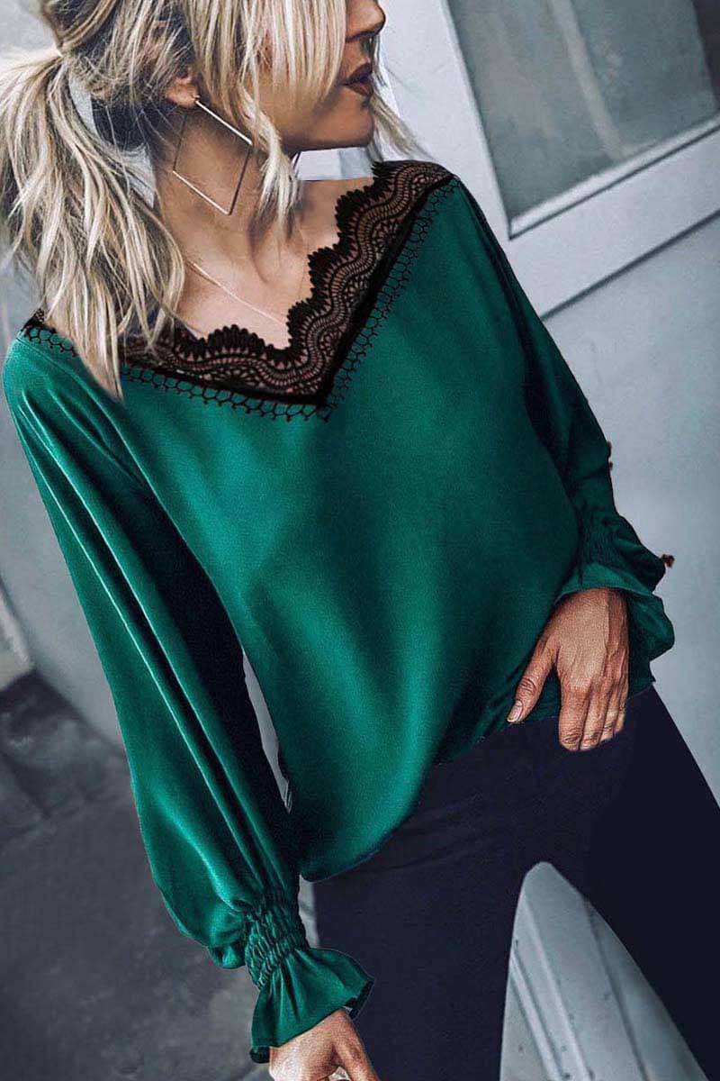 Hoombox  Lace V-Neck Long Sleeve Tops