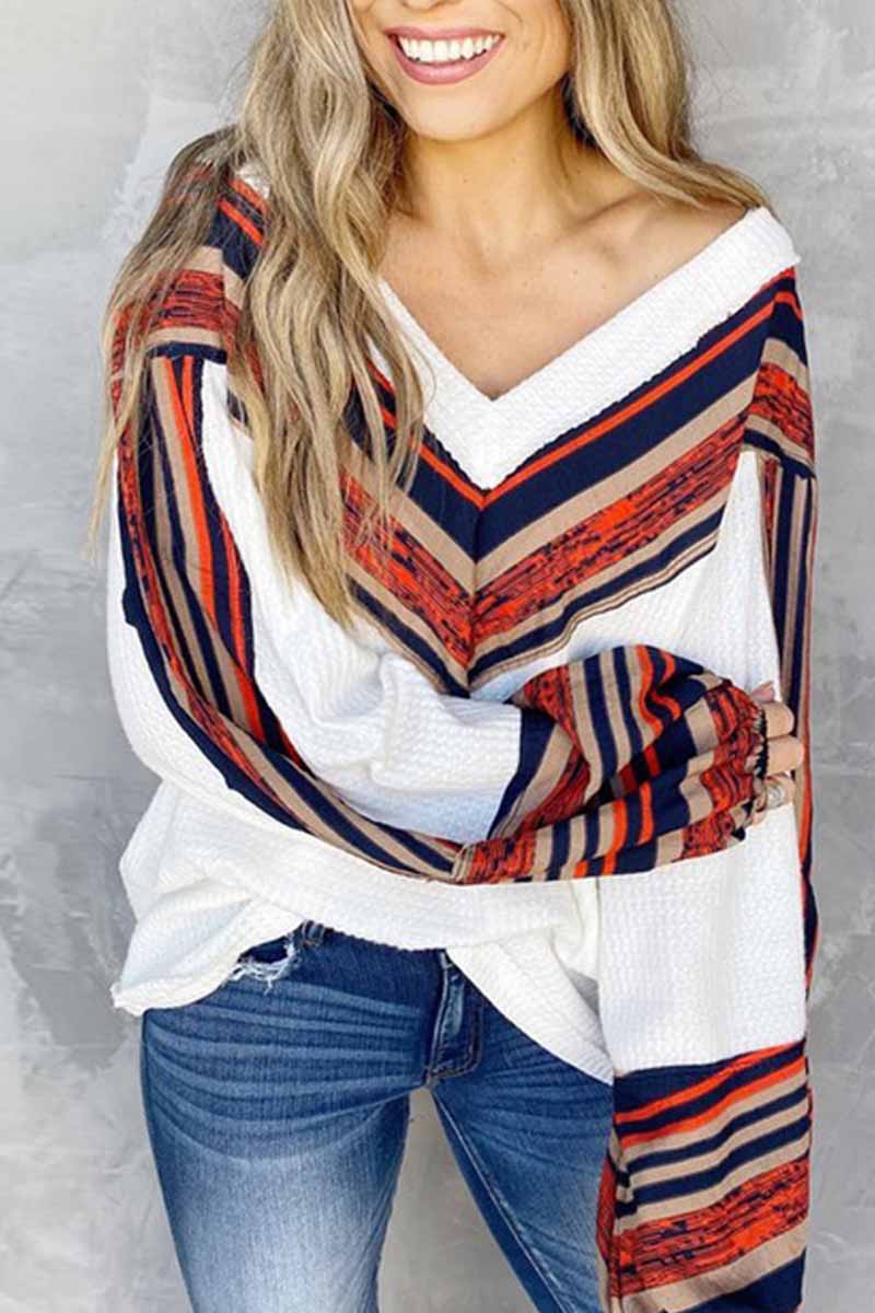 Hoombox  Loose V-neck Contrast Striped Top