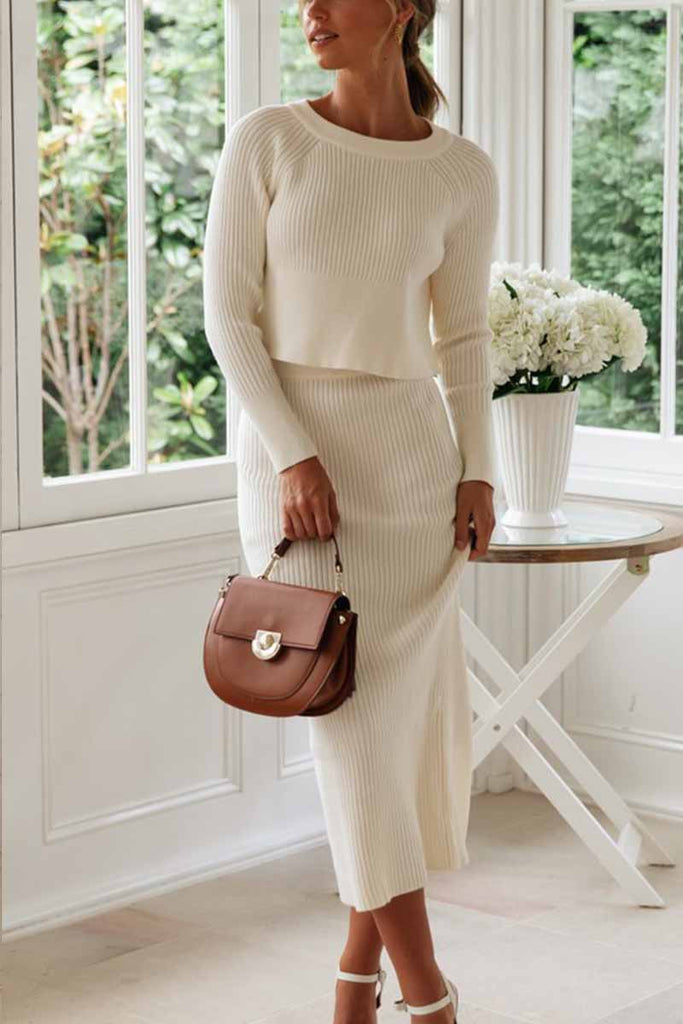 Hoombox  Knitted Solid Color Sweater Skirt Suit