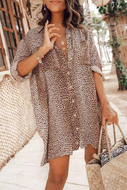 Hoombox Hoombox Leopard Print Long Sleeve Shirt Mini Dress