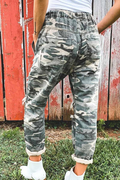 Hoombox  Adjustable Waist Camouflage Bottoms With Holes