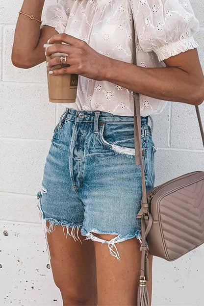 Hoombox  Summer Loose Button Ripped Fringed Denim Shorts
