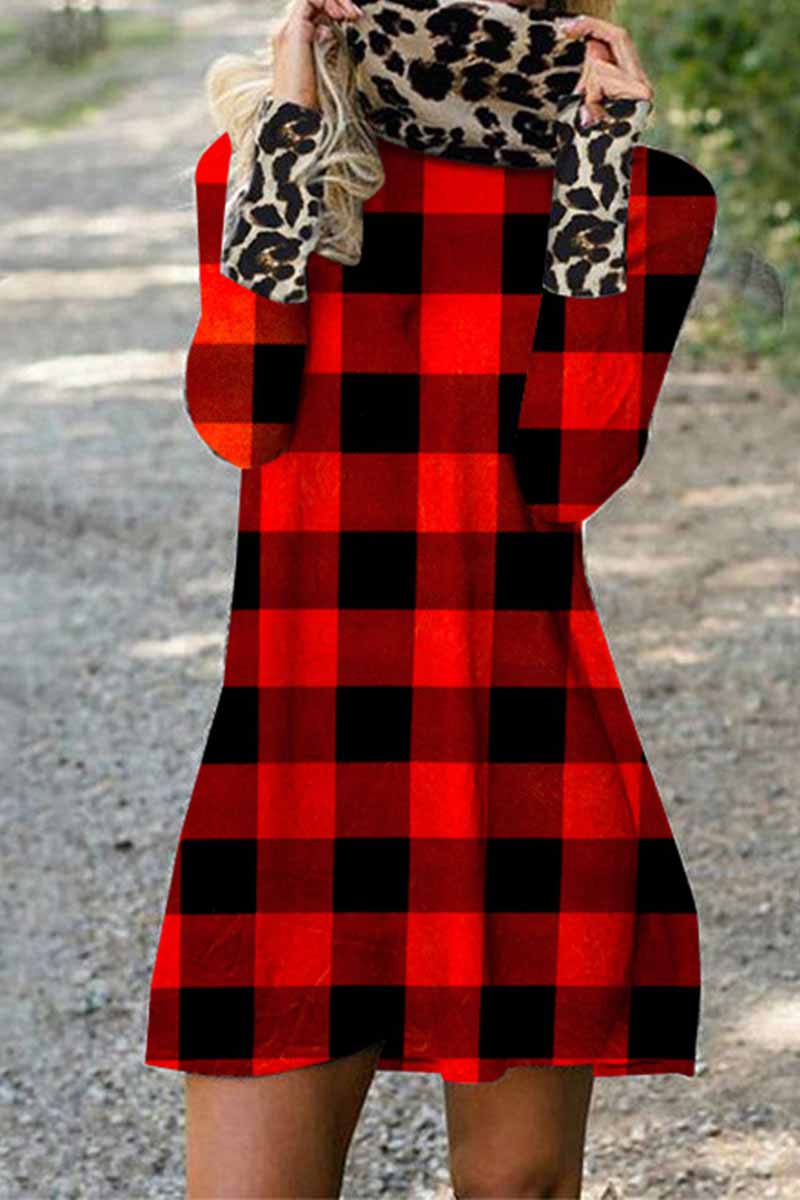 Hoombox Hoombox Plaid Leopard Stitching Mini Dresses