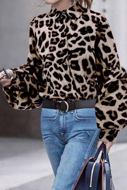 Hoombox Hoombox Loose Leopard Print Shirt Collar Long Sleeves Tops