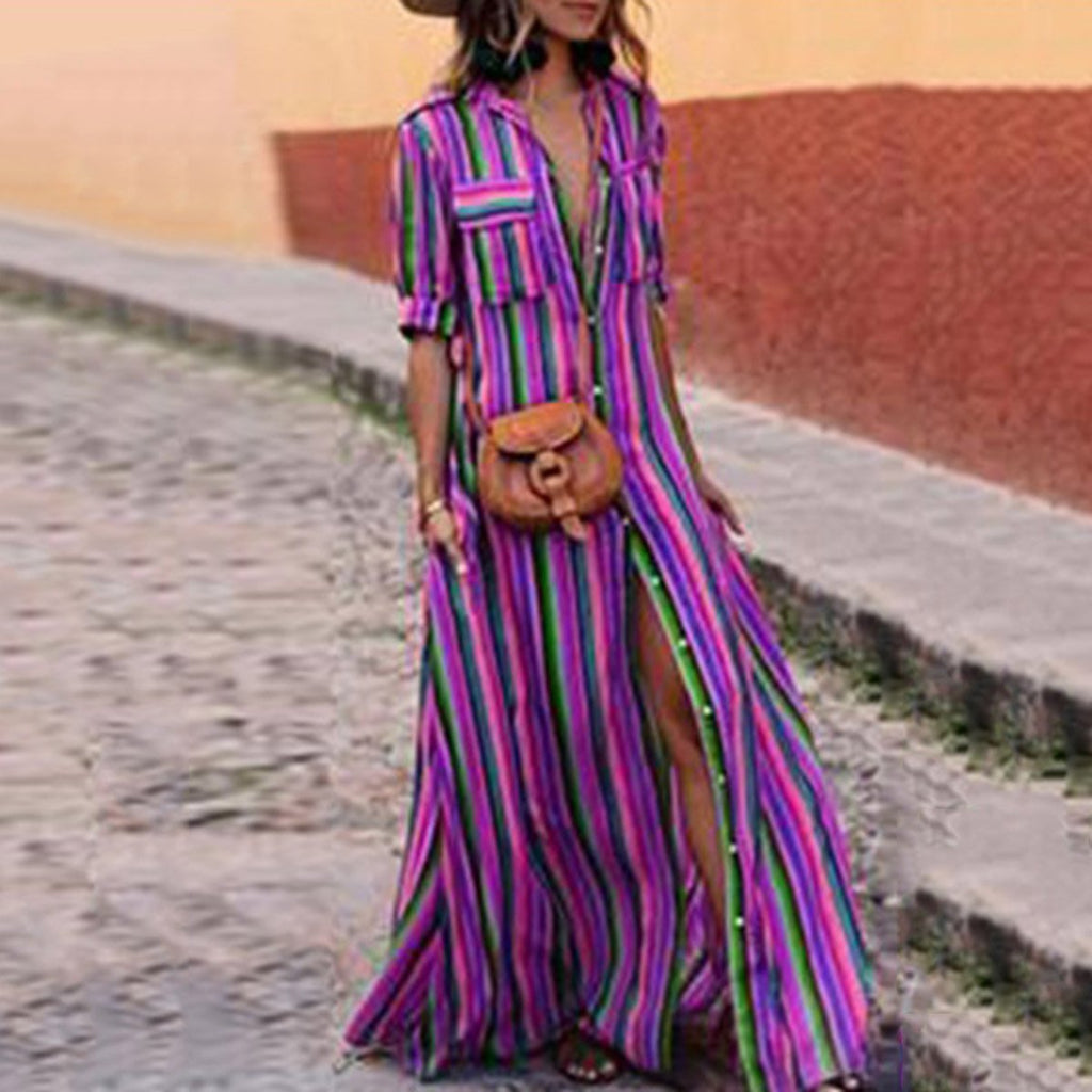 hoombox Fashion Stripes Half Sleeve Vacation Maxi Dresses