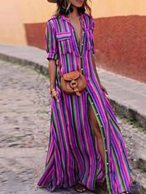 hoombox Fashion Stripes Half Sleeve Vacation Maxi Dresses