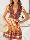 hoombox Fashion V Neck Belted Waist Printed Colour Mini Dresses