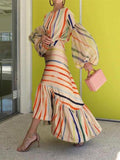hoombox Fashion Stripe Stitched Lantern Sleeve Casual Dress