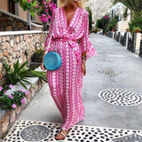 hoombox Fashion V Neck Printed Colour Belted Maxi Dresses