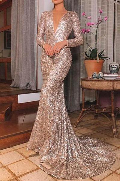 hoombox Fashion V Neck Pure Color Sequins Long Sleeve Dress