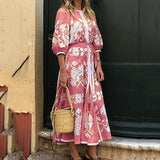 hoombox Bohemian Printed Color Middle Sleeve Round Neck Vacation Maxi Casual Dress