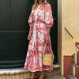 hoombox Bohemian Printed Color Middle Sleeve Round Neck Vacation Maxi Casual Dress