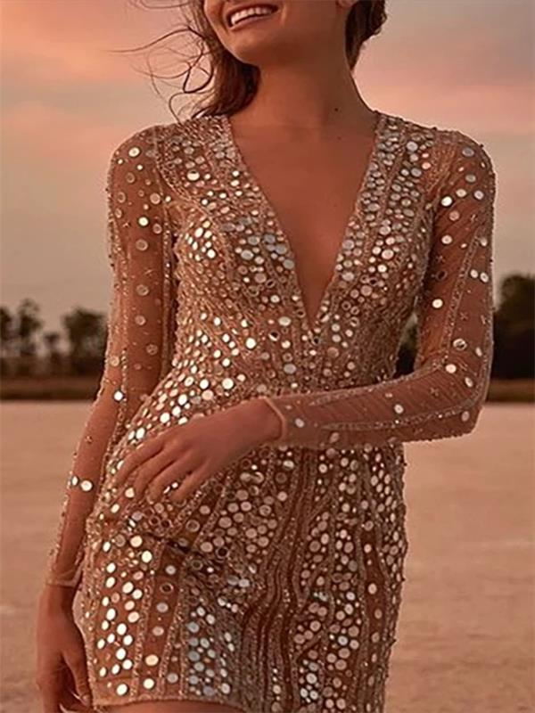 hoombox V-Neck Long-Sleeved Gold-Sprinkled Dress