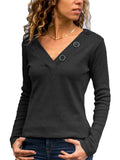 hoombox Autumn V-neck Button Decoration Solid Color Casual Long-sleeved Ladies T-shirt