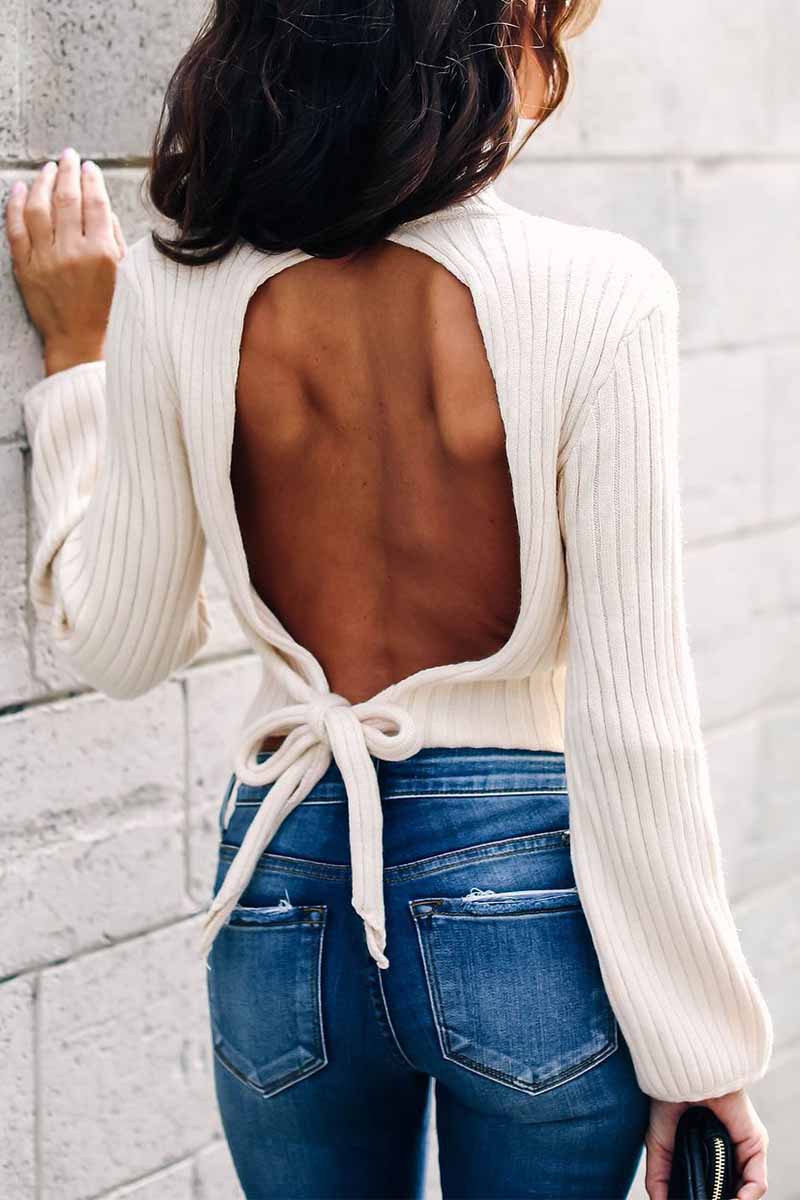Hoombox  Open Back High Neck Lace Long Sleeve Sweater