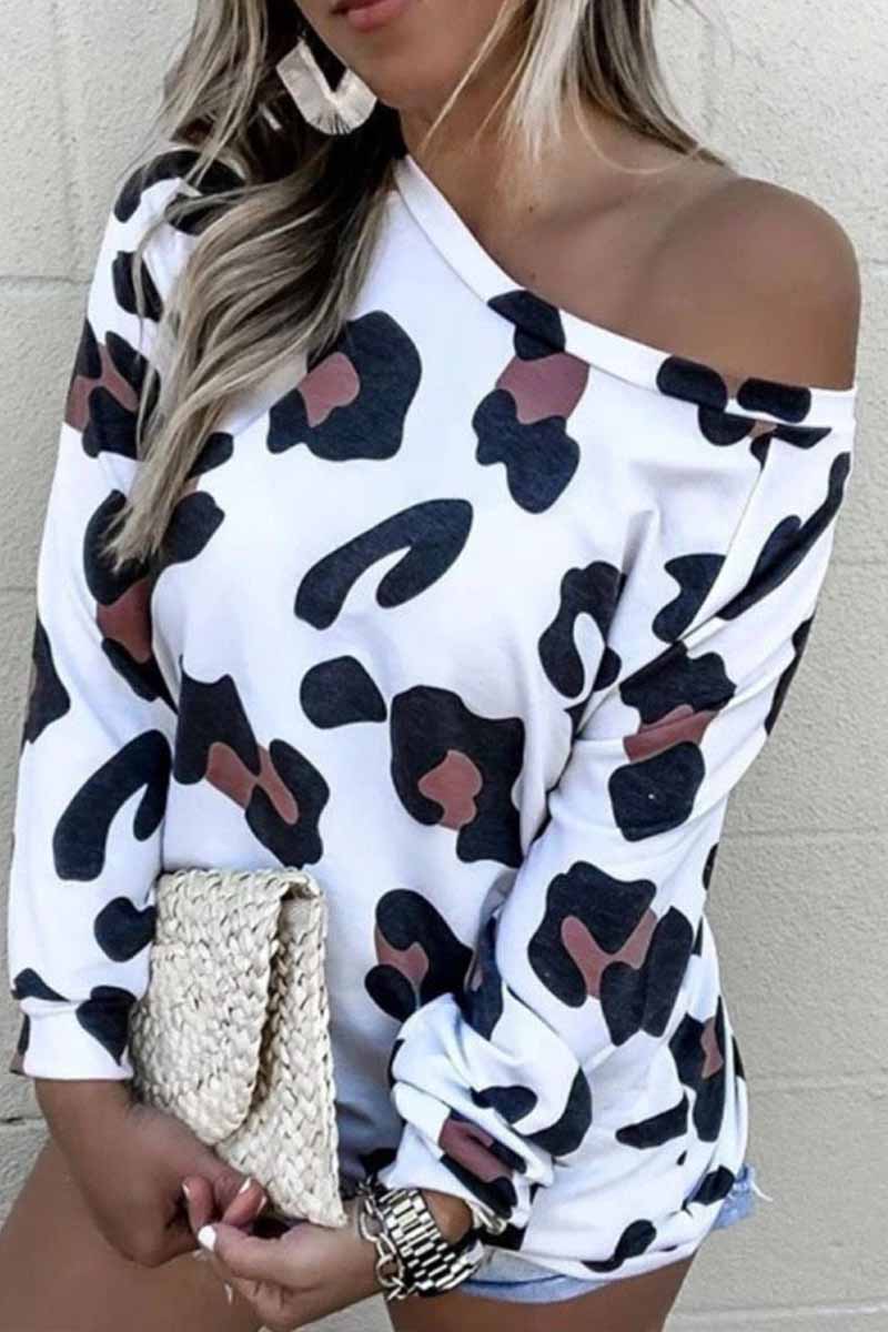 Hoombox Hoombox Sexy Off-Shoulder Leopard O-Neck Top