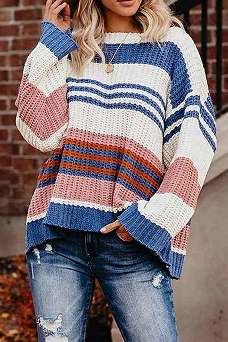 Hoombox  Paneled Knitted Striped Sweater
