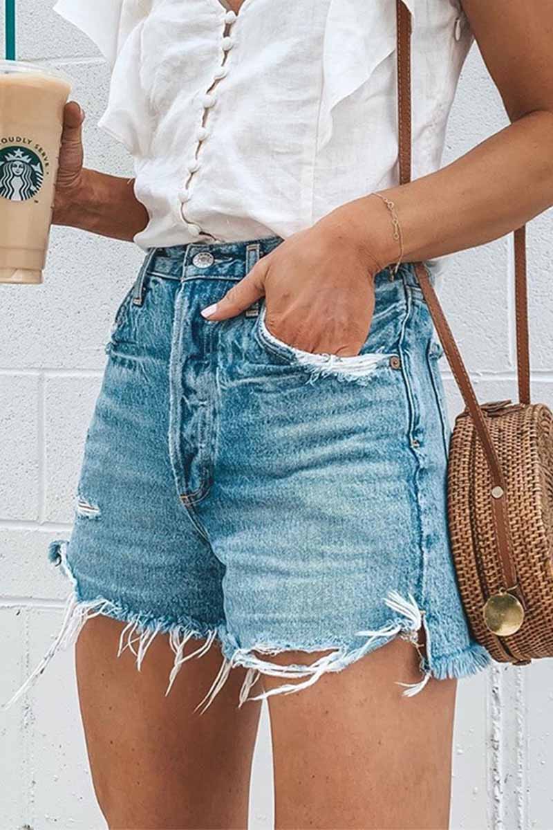Hoombox  Summer Loose Button Ripped Fringed Denim Shorts