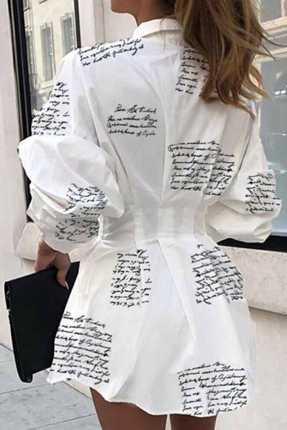 Hoombox  Slim Waist Letter Print Long Sleeve Dress