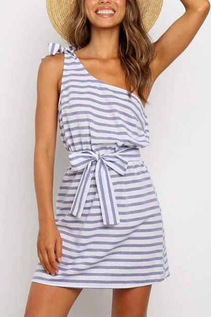 Summer Sexy One-Shoulder Lace-Up Stripes Mini Dress