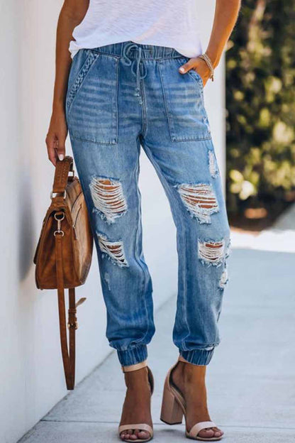 Hoombox  Adjustable Waist Ripped Loose Jeans