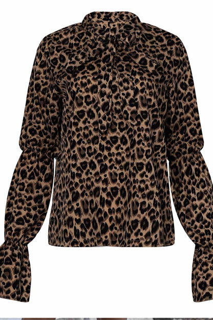 Hoombox  Leopard Print Long-Sleeved Bow Top