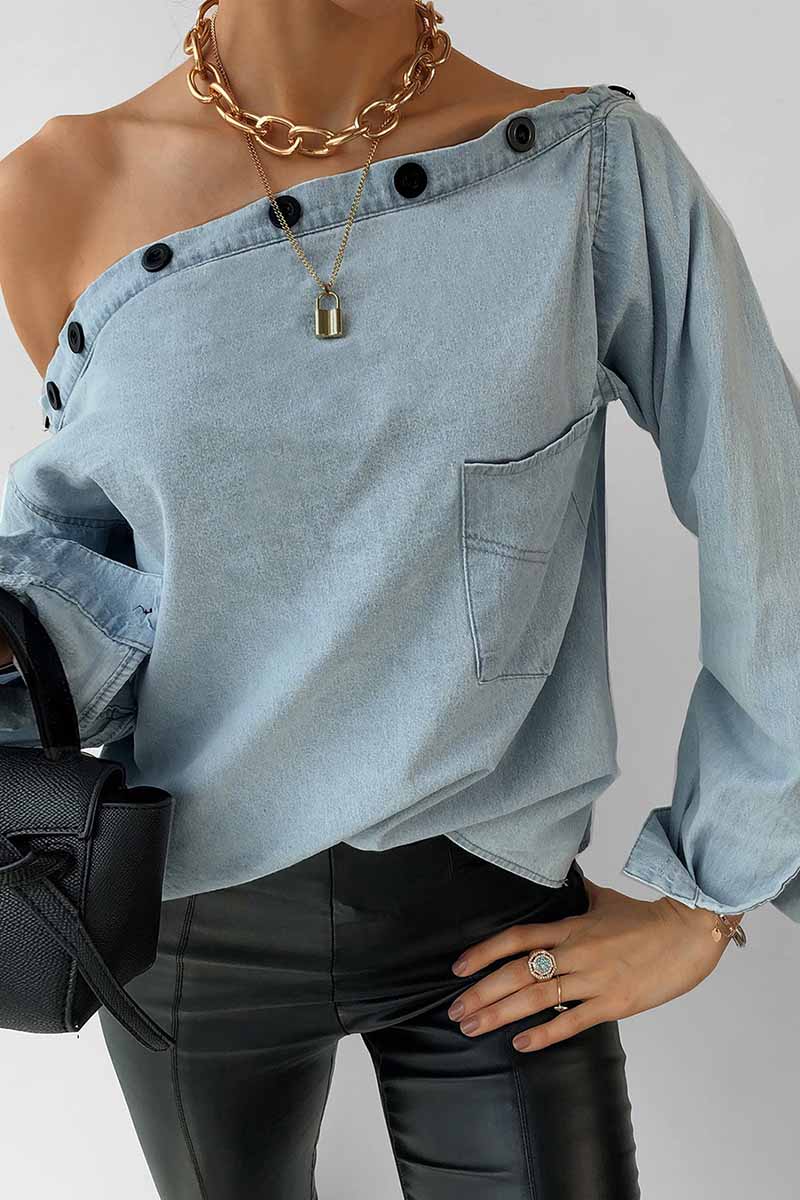Hoombox  Spring Button-Neck Off-Shoulder Long-Sleeved Denim Shirt