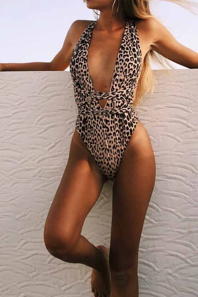 Hoombox Hoombox One Piece Leopard Print Hollow Strap Swimsuit