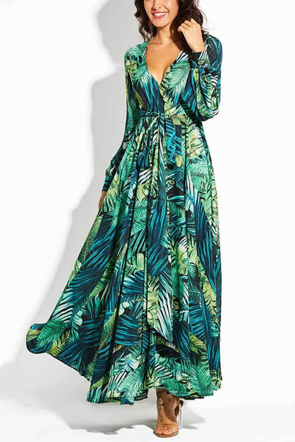 Hoombox  V-Neck Leaf Print Maxi Dress