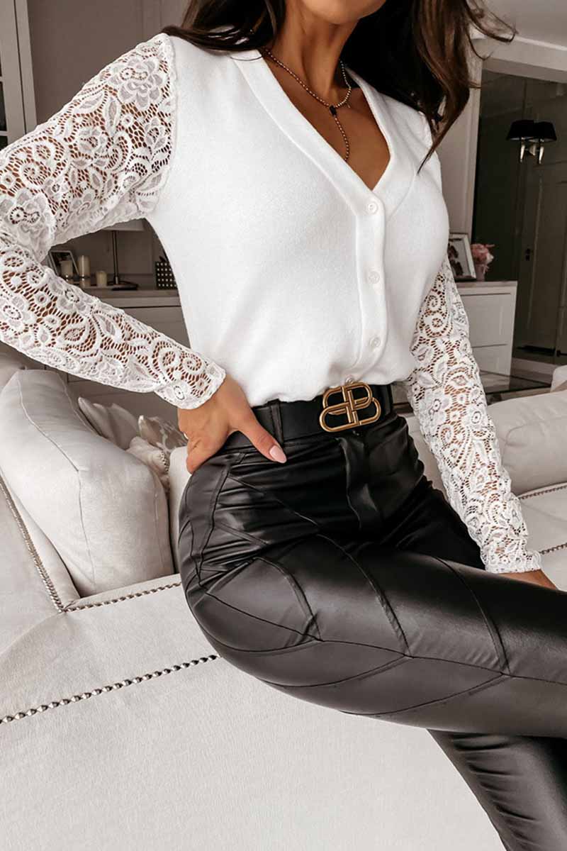 Hoombox  Sexy V-Neck Lace Stitching Long Sleeves Tops