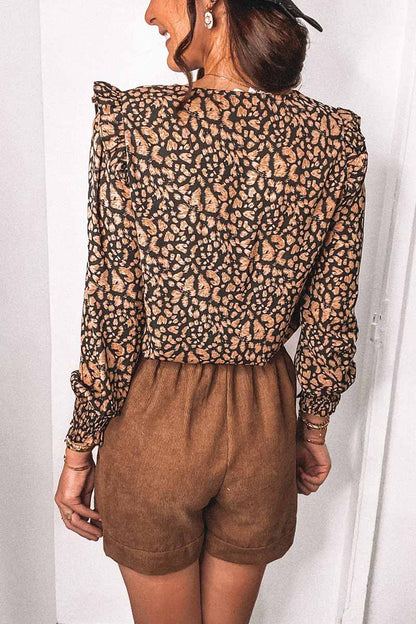 Hoombox Hoombox V-Neck Spotted Leopard Print Long-Sleeved Shirt