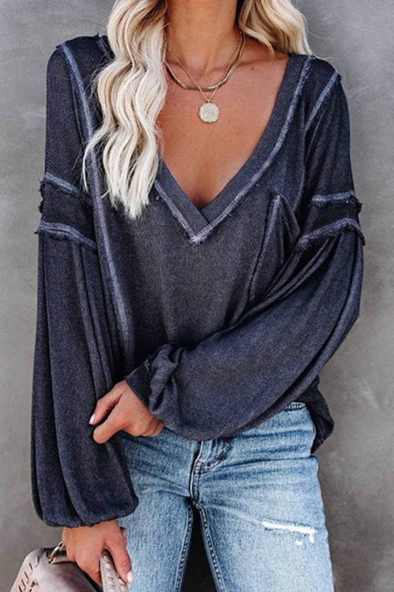 Hoombox  Solid Color Pullover V-Neck Bubble Long Sleeves Tops(4 Colors)