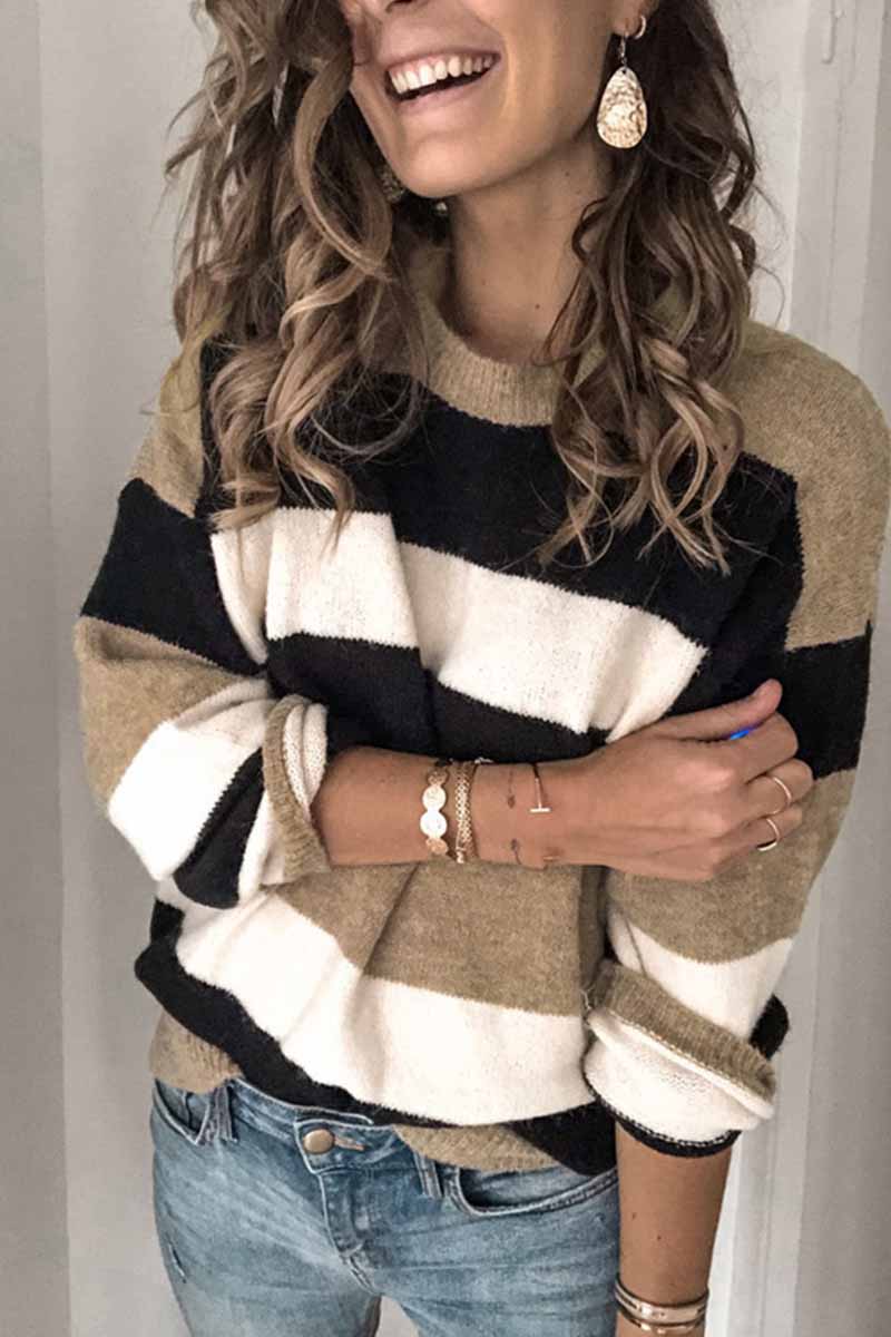 Hoombox  Striped O-Neck Contrast Sweater(3 Colors)