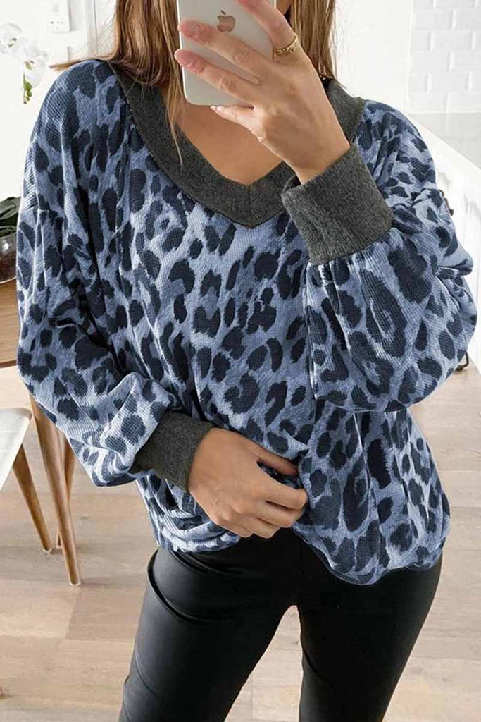 Hoombox  V-neck Long Sleeve Leopard Print Pullover Tops
