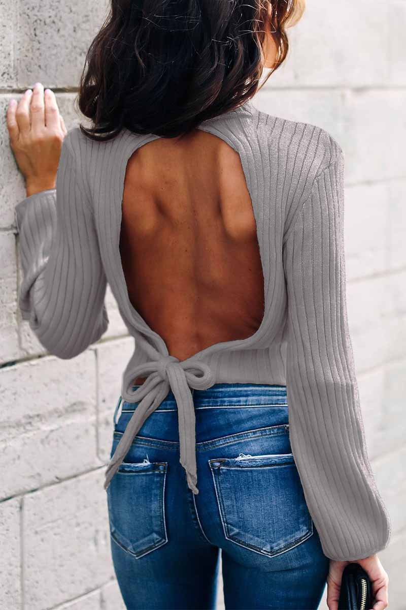 Hoombox  Open Back High Neck Lace Long Sleeve Sweater