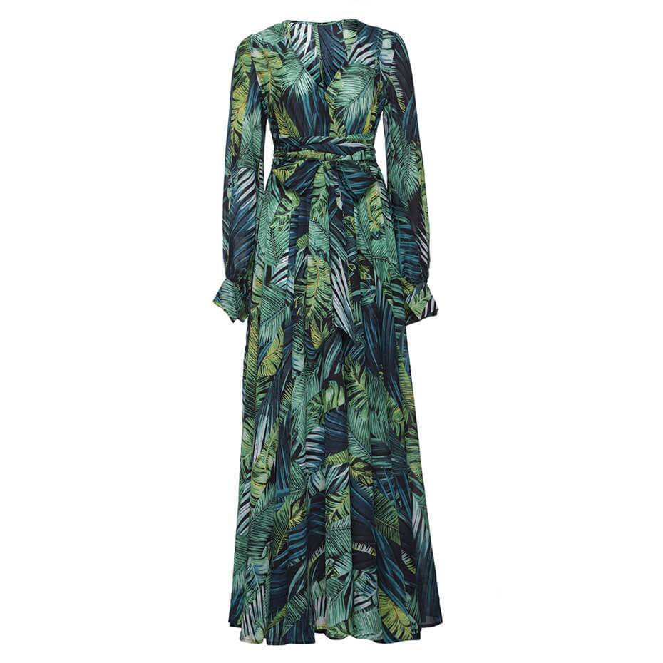 Hoombox  V-Neck Leaf Print Maxi Dress