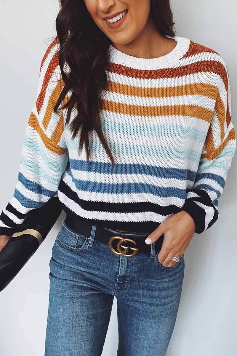 Hoombox  Loose O Neck Striped Sweater