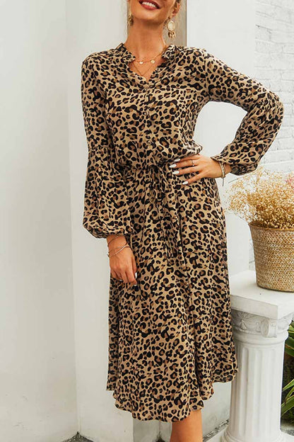 Hoombox Hoombox Leopard Print V-neck Elegant Midi Dress